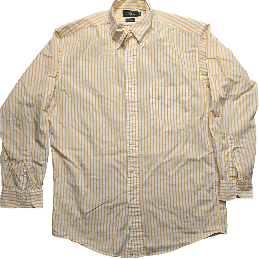 JCrew Mens Yellow White Striped Button Down Shirt 100% Cotton Size 14.5 32/33